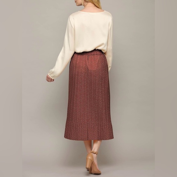 High Waist Polka Dot Pleated Midi Swing Skirt with Pockets -rust - Picture 3 of 6